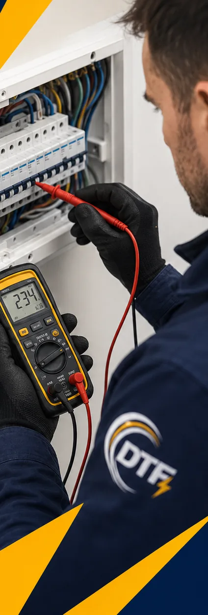 DTF Electrical engineer in branded workwear testing a distribution board with a multimeter