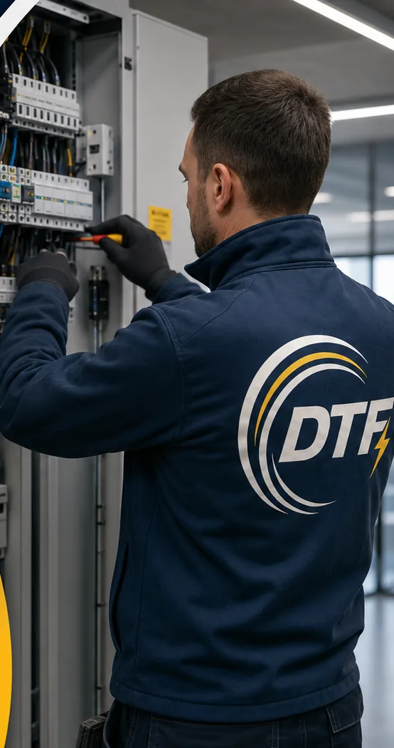 DTF Electrical engineer carrying out planned maintenance on a commercial distribution board