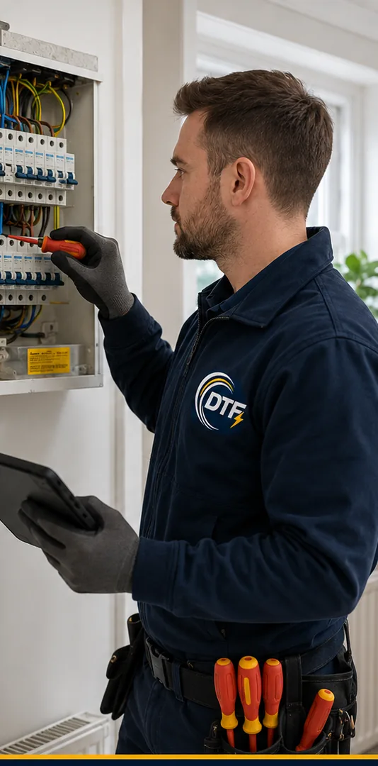 DTF Electrical engineer testing a domestic consumer unit with a screwdriver and tablet