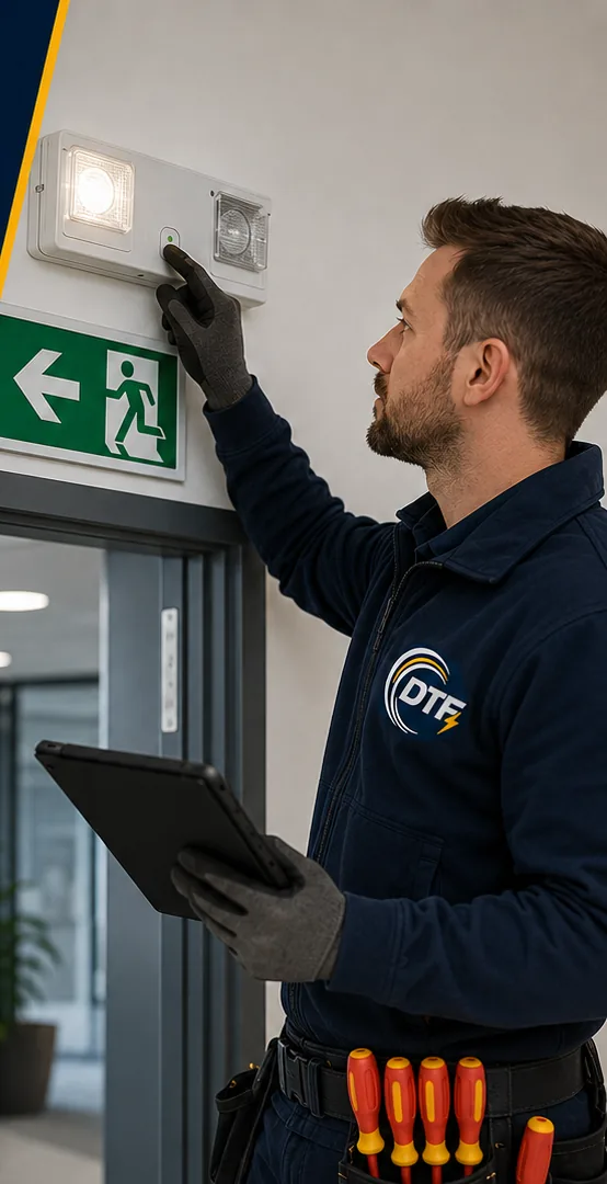 Emergency lighting unit being function tested above a fire exit by DTF Electrical